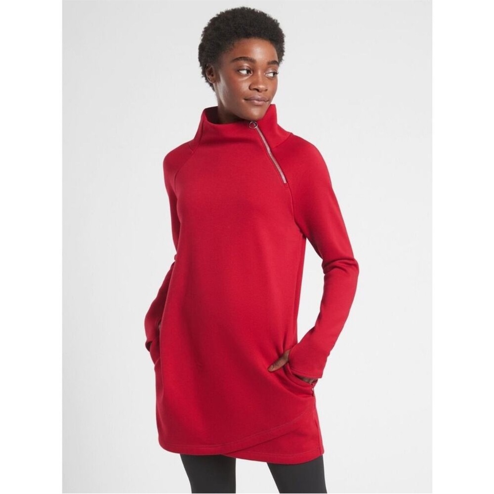 Athleta Cozy Karma Red Asymmetric Zip Mock Neck Sweater Mini Dress
